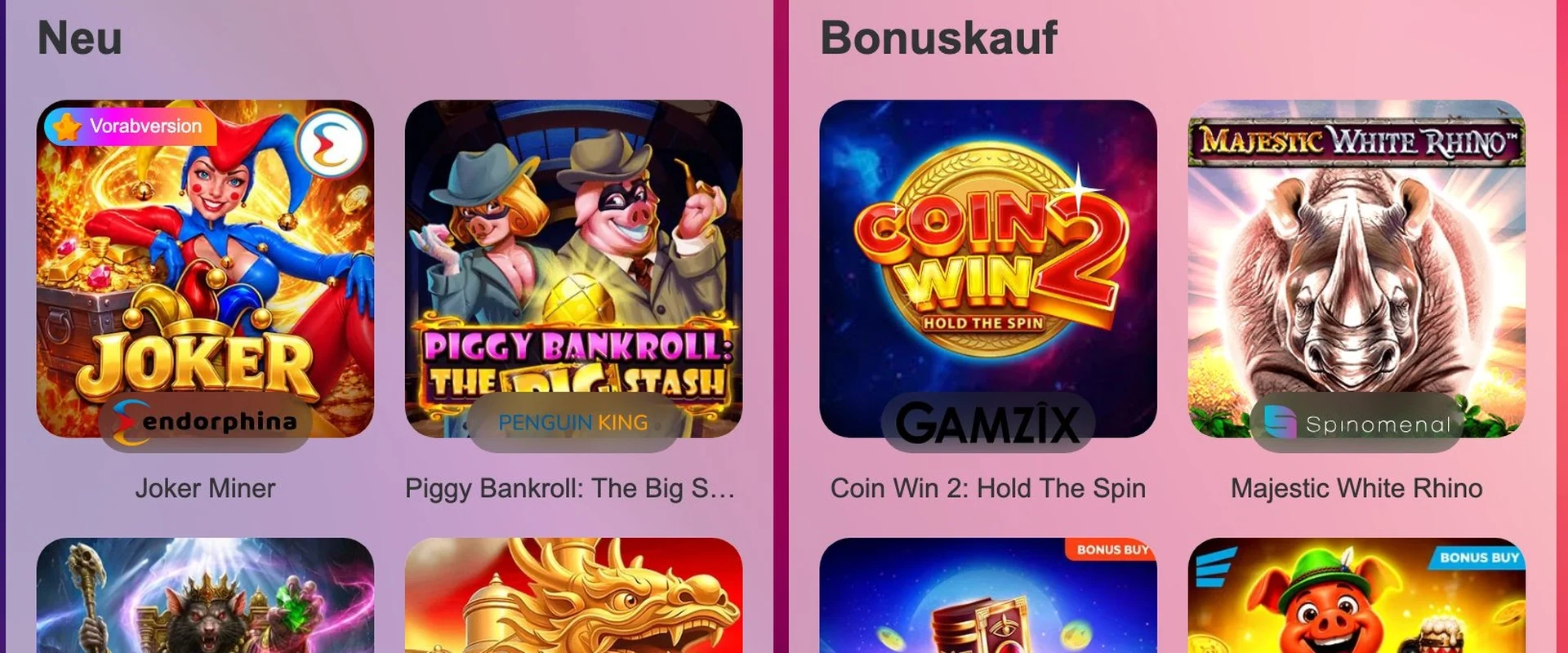 Spielkategorien „Neu“ und „Bonuskauf“ in der Lobby von HitnSpin